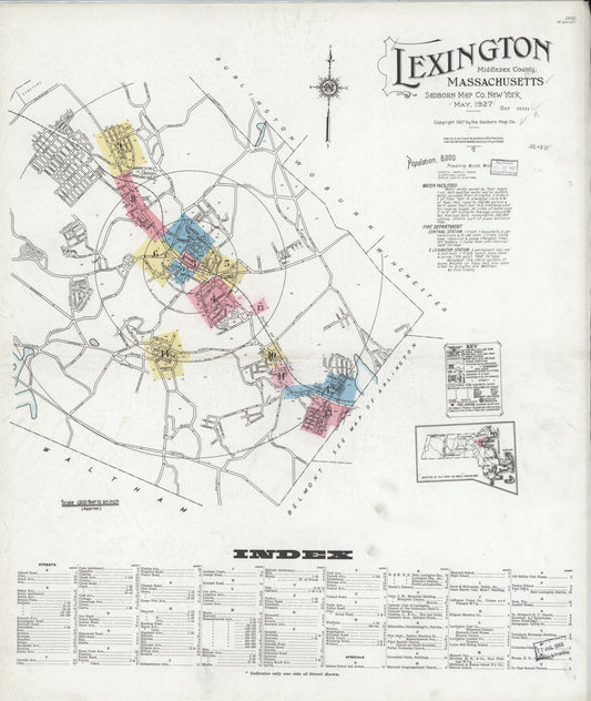 Sanborn Fire Insurance Map from Lexington, Middlesex County, Massachusetts (1927), Sheet #0001 - Complete Map Set gallery image, historic Sanborn map, vintage wall art, Massachusetts Massachusetts