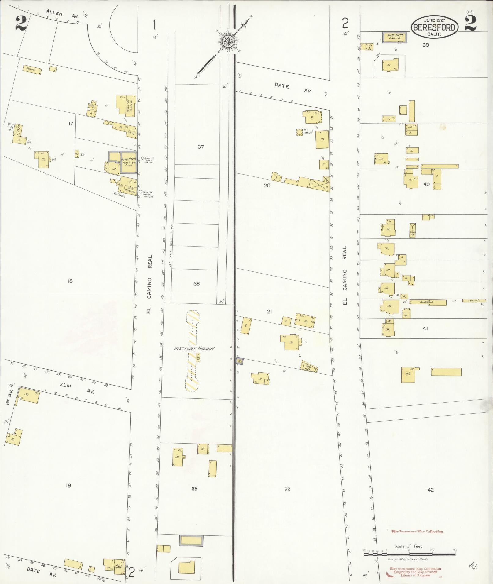 Sanborn Fire Insurance Map from Beresford, San Mateo County, California (1927), Sheet #0002 - Historic Sanborn Fire Insurance Map Print, vintage old map wall art, antique decor, genealogy gift, California California map