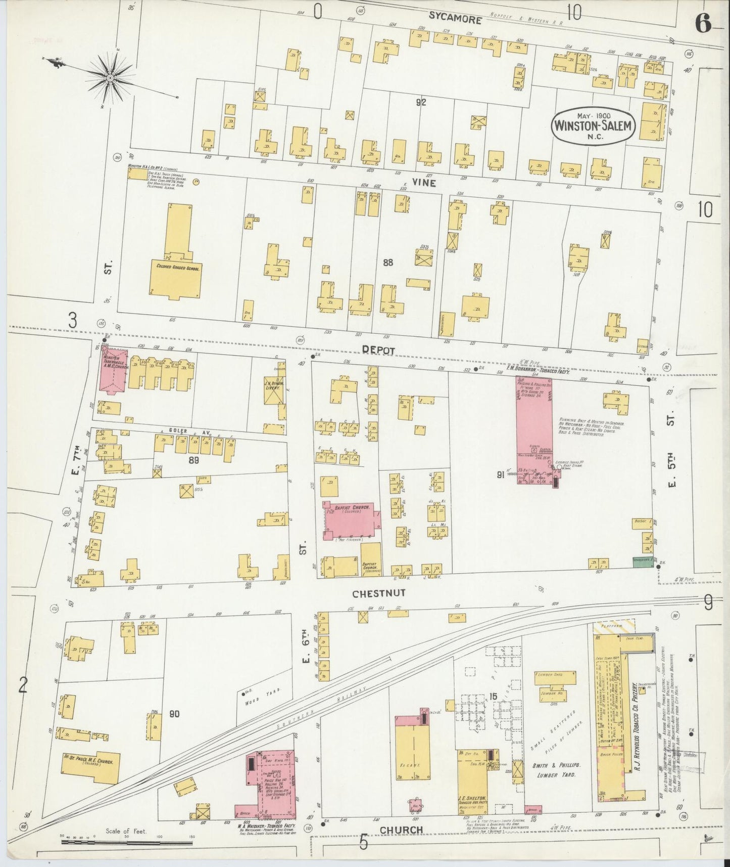 Sanborn Fire Insurance Map from Winston-Salem, Forsyth County, North Carolina (1900), Sheet #0006 - Historic Sanborn Fire Insurance Map Print, vintage old map wall art, antique decor, genealogy gift, North Carolina North Carolina map