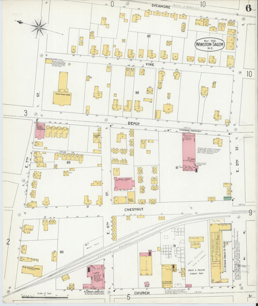 Sanborn Fire Insurance Map from Winston-Salem, Forsyth County, North Carolina (1900), Sheet #0006 - Historic Sanborn Fire Insurance Map Print, vintage old map wall art, antique decor, genealogy gift, North Carolina North Carolina map