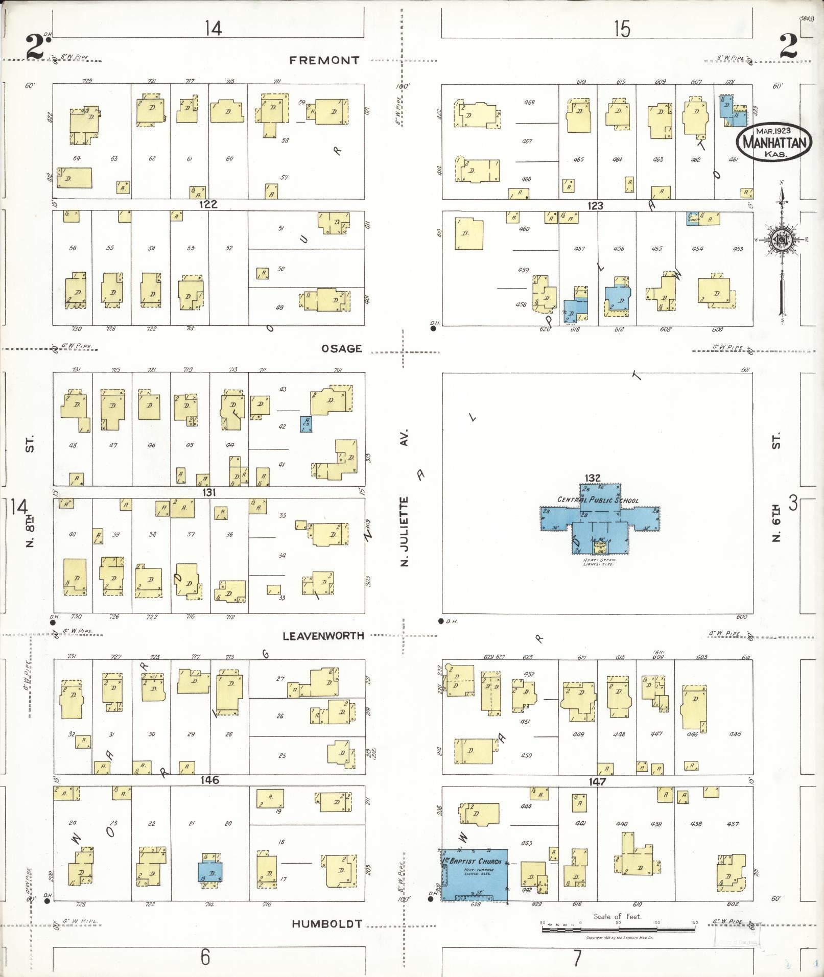 Sanborn Fire Insurance Map from Manhattan, Riley County, Kansas (1923), Sheet #0002 - Historic Sanborn Fire Insurance Map Print, vintage old map wall art, antique decor, genealogy gift, Kansas Kansas map