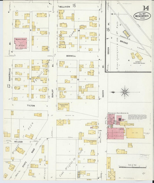 Sanborn Fire Insurance Map from Menominee, Menominee County, Michigan (1907), Sheet #0014 - Historic Sanborn Fire Insurance Map Print, vintage old map wall art, antique decor, genealogy gift, Michigan Michigan map
