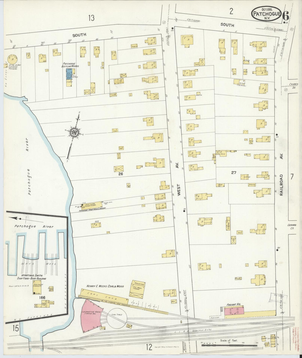 Sanborn Fire Insurance Map from Patchogue, Suffolk County, New York (1916), Sheet #0006 - Historic Sanborn Fire Insurance Map Print, vintage old map wall art, antique decor, genealogy gift, New York New York map