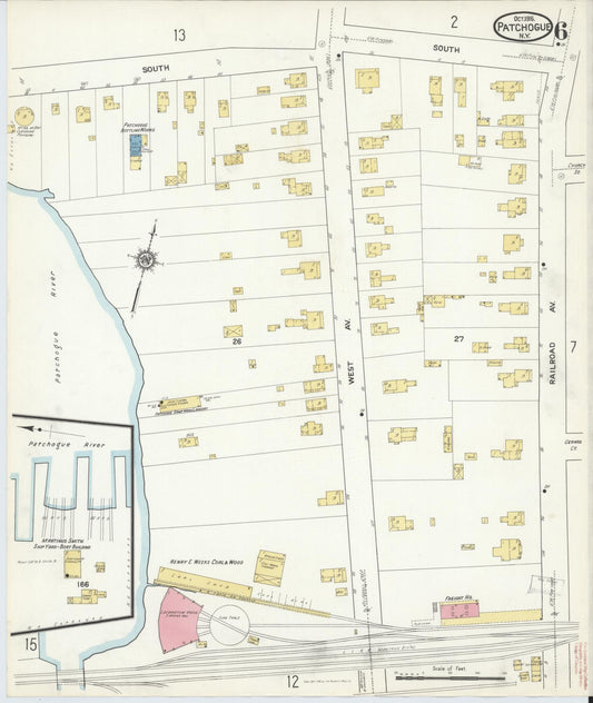 Sanborn Fire Insurance Map from Patchogue, Suffolk County, New York (1916), Sheet #0006 - Historic Sanborn Fire Insurance Map Print, vintage old map wall art, antique decor, genealogy gift, New York New York map