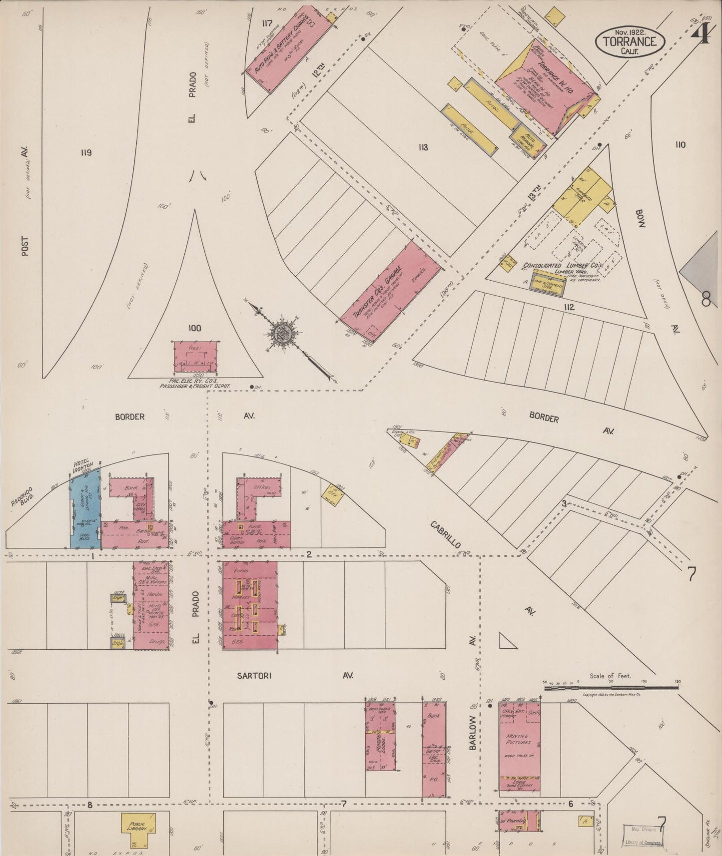 Sanborn Fire Insurance Map from Torrance, Los Angeles County, California (1922), Sheet #0004 - Complete Map Set gallery image, historic Sanborn map, vintage wall art, California California