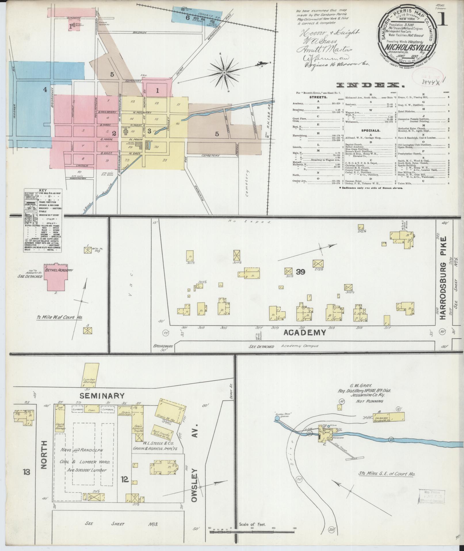 Sanborn Fire Insurance Map from Nicholasville, Jessamine County, Kentucky (1892), Sheet #0001 - Historic Sanborn Fire Insurance Map Print, vintage old map wall art, antique decor, genealogy gift, Kentucky Kentucky map