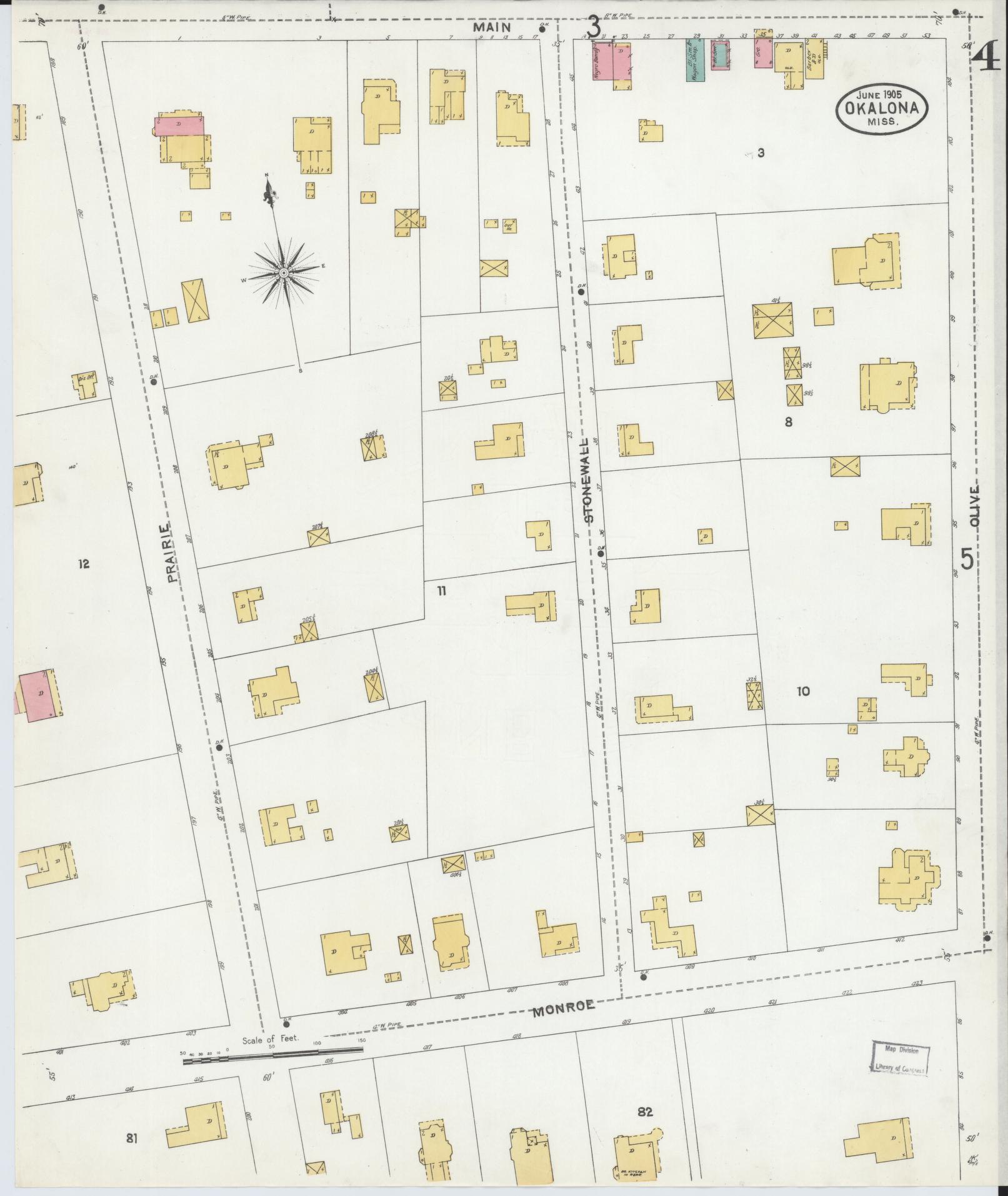 Sanborn Fire Insurance Map from Okolona, Chickasaw County, Mississippi (1905), Sheet #0004 - Complete Map Set gallery image, historic Sanborn map, vintage wall art, Mississippi Mississippi