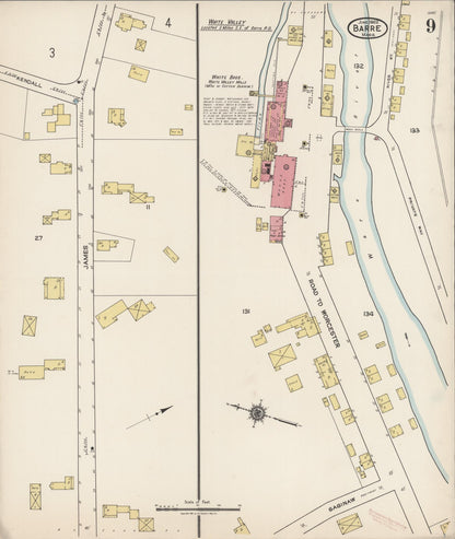 Sanborn Fire Insurance Map from Barre, Worcester County, Massachusetts (1922), Sheet #0009 - Historic Sanborn Fire Insurance Map Print, vintage old map wall art, antique decor, genealogy gift, Massachusetts Massachusetts map