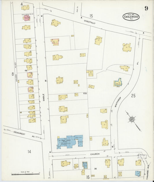 Sanborn Fire Insurance Map from Englewood, Bergen County, New Jersey (1915), Sheet #0009 - Historic Sanborn Fire Insurance Map Print, vintage old map wall art, antique decor, genealogy gift, New Jersey New Jersey map