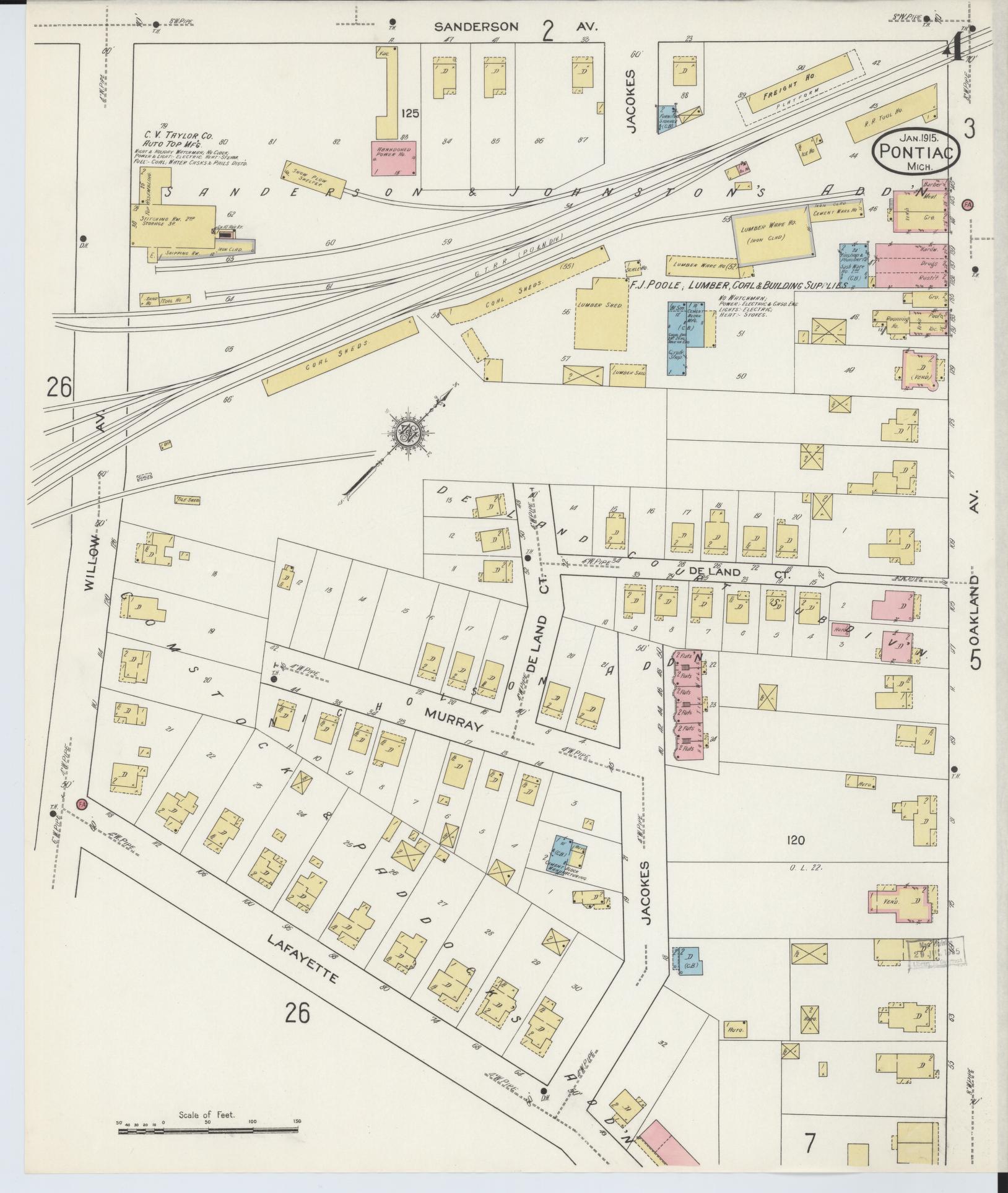 Sanborn Fire Insurance Map from Pontiac, Oakland County, Michigan (1915), Sheet #0004 - Complete Map Set gallery image, historic Sanborn map, vintage wall art, Michigan Michigan