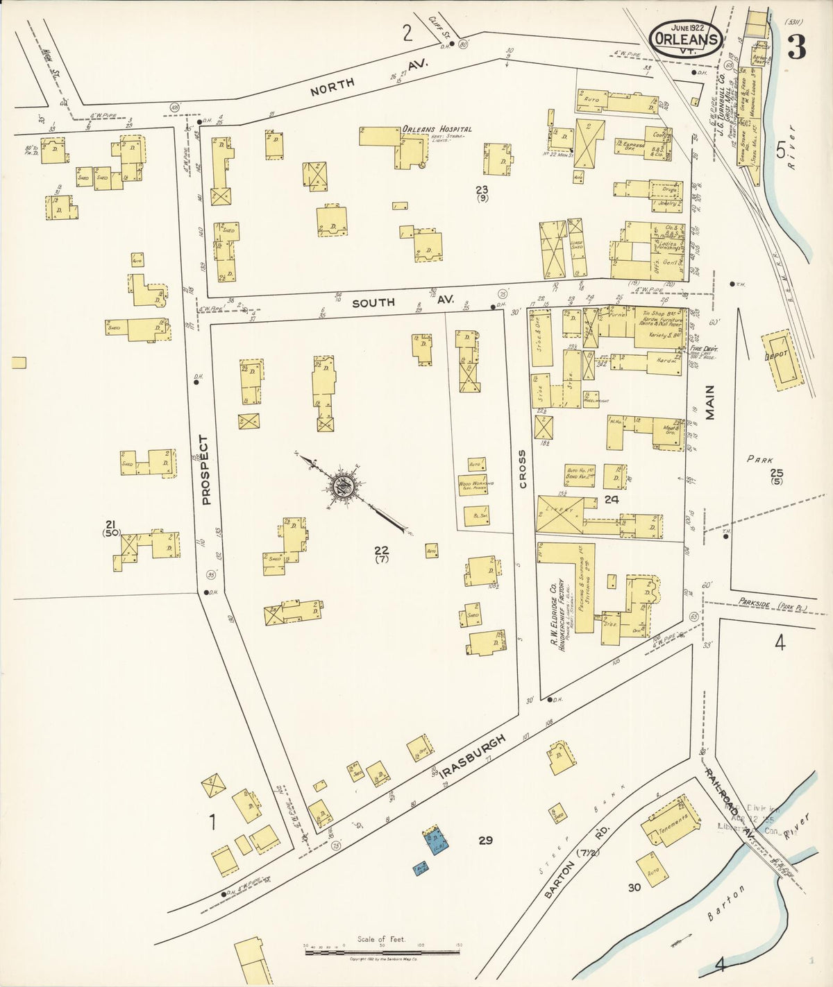 Sanborn Fire Insurance Map from Orleans, Orleans County, Vermont (1922), Sheet #0003 - Historic Sanborn Fire Insurance Map Print, vintage old map wall art, antique decor, genealogy gift, Vermont Vermont map