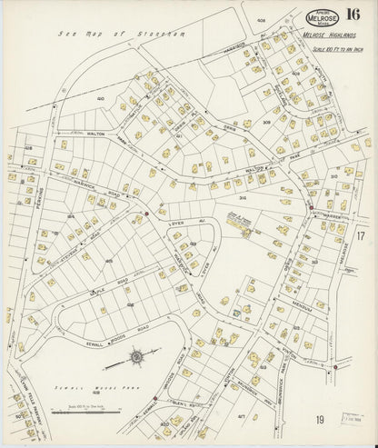 Sanborn Fire Insurance Map from Melrose, Middlesex County, Massachusetts (1915), Sheet #0016 - Historic Sanborn Fire Insurance Map Print, vintage old map wall art, antique decor, genealogy gift, Massachusetts Massachusetts map