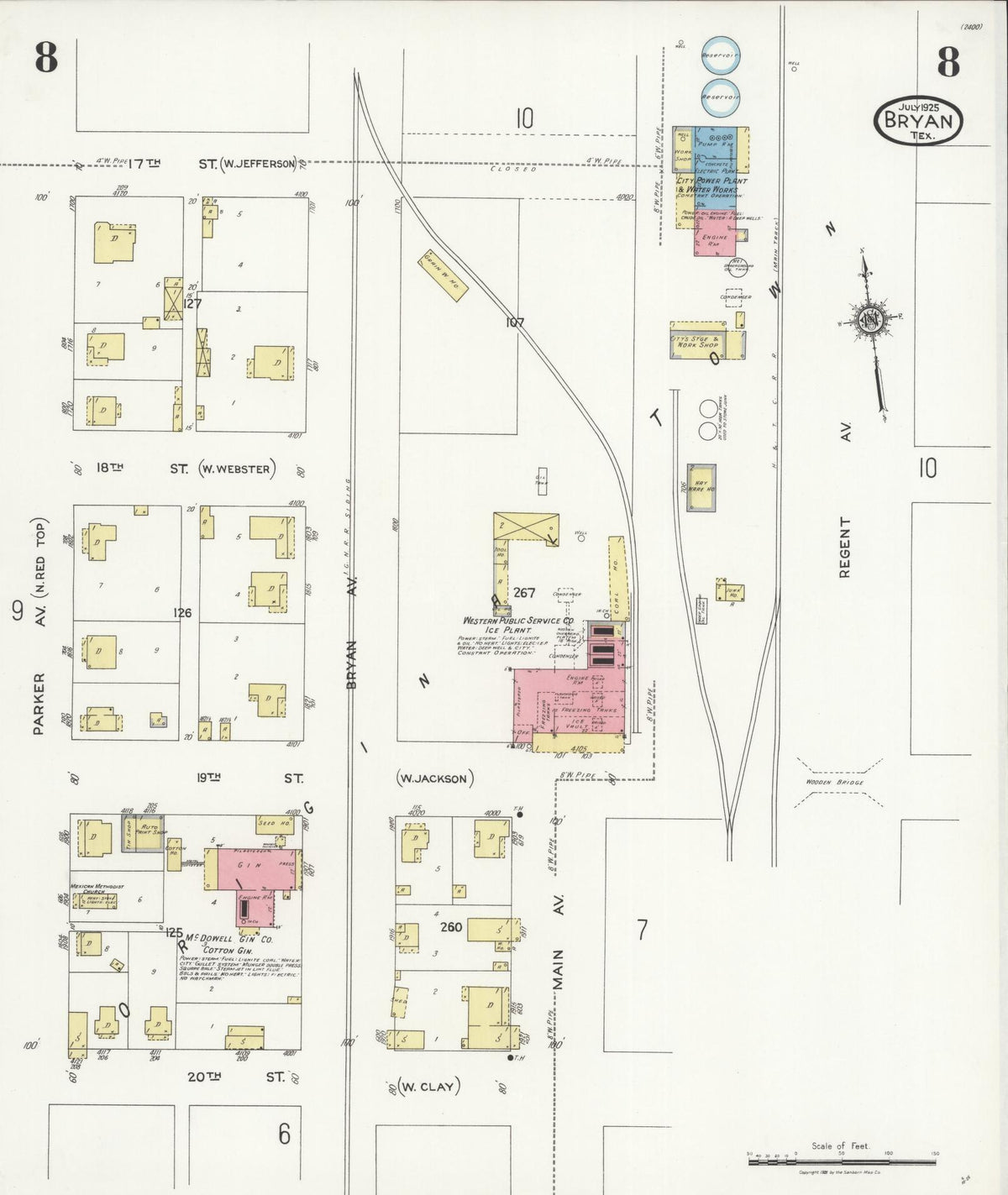 Sanborn Fire Insurance Map from Bryan, Brazos County, Texas (1925), Sheet #0008 - Historic Sanborn Fire Insurance Map Print, vintage old map wall art, antique decor, genealogy gift, Texas Texas map