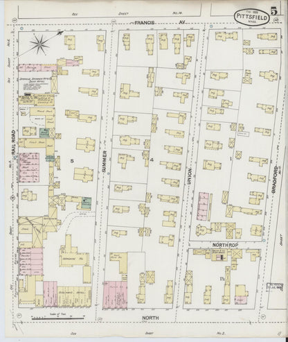 Sanborn Fire Insurance Map from Pittsfield, Berkshire County, Massachusetts (1889), Sheet #0005 - Historic Sanborn Fire Insurance Map Print, vintage old map wall art, antique decor, genealogy gift, Massachusetts Massachusetts map
