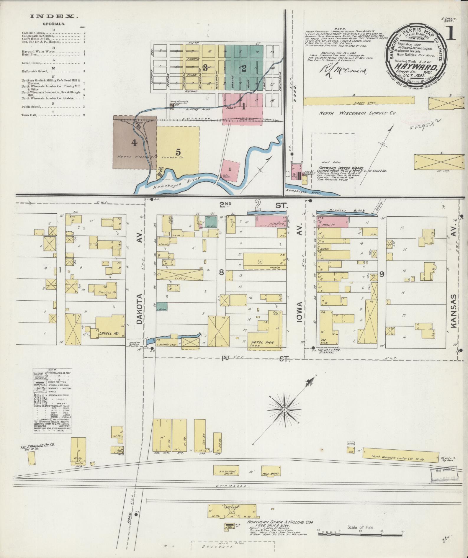 Sanborn Fire Insurance Map from Hayward, Sawyer County, Wisconsin (1892), Sheet #0001 - Historic Sanborn Fire Insurance Map Print, vintage old map wall art, antique decor, genealogy gift, Wisconsin Wisconsin map