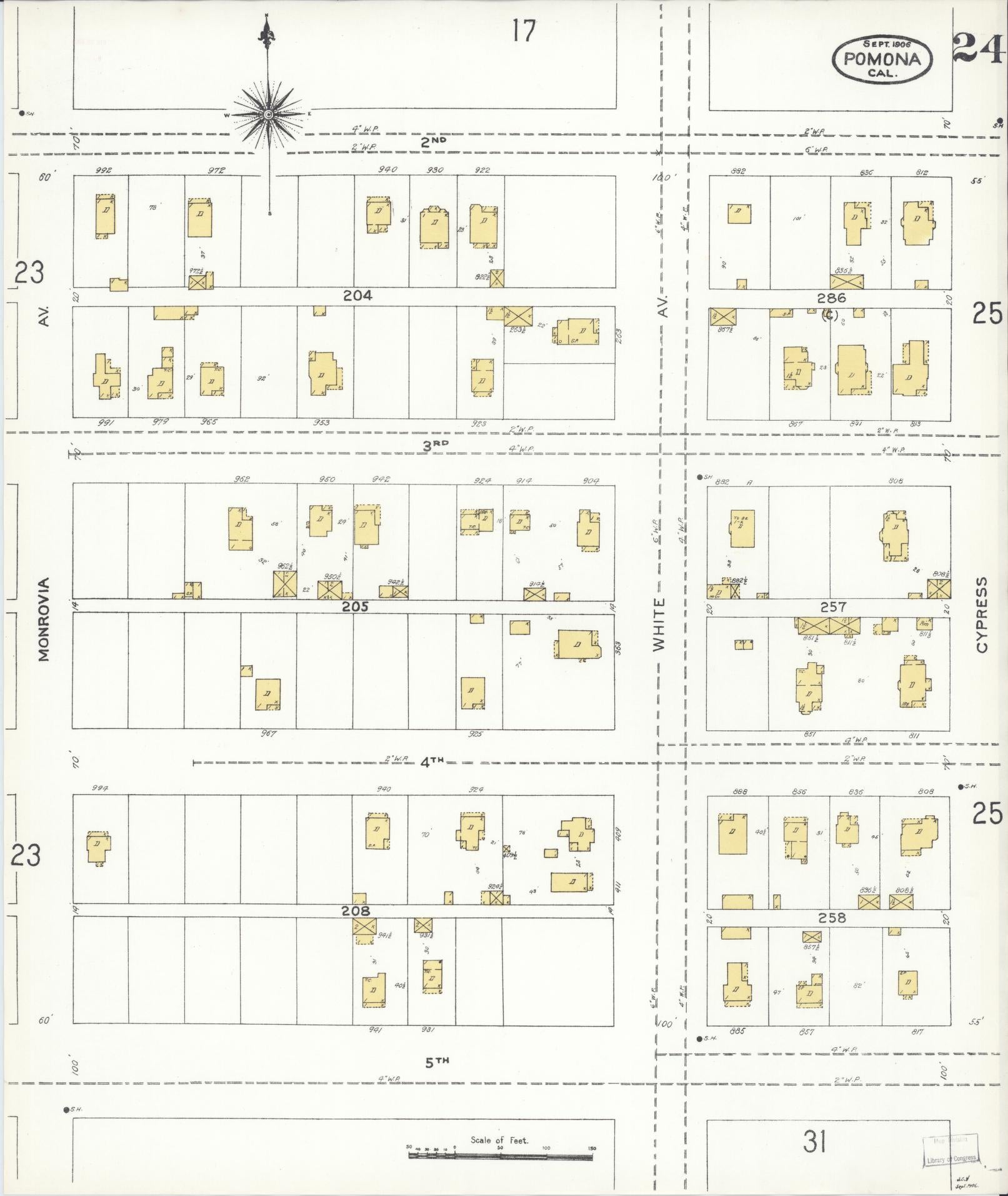 Sanborn Fire Insurance Map from Pomona, Los Angeles County, California (1906), Sheet #0024 - Complete Map Set gallery image, historic Sanborn map, vintage wall art, California California