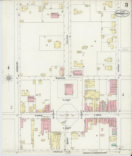 Sanborn Fire Insurance Map from McMinnville, Warren County, Tennessee (1897), Sheet #0003 - Historic Sanborn Fire Insurance Map Print, vintage old map wall art, antique decor, genealogy gift, Tennessee Tennessee map