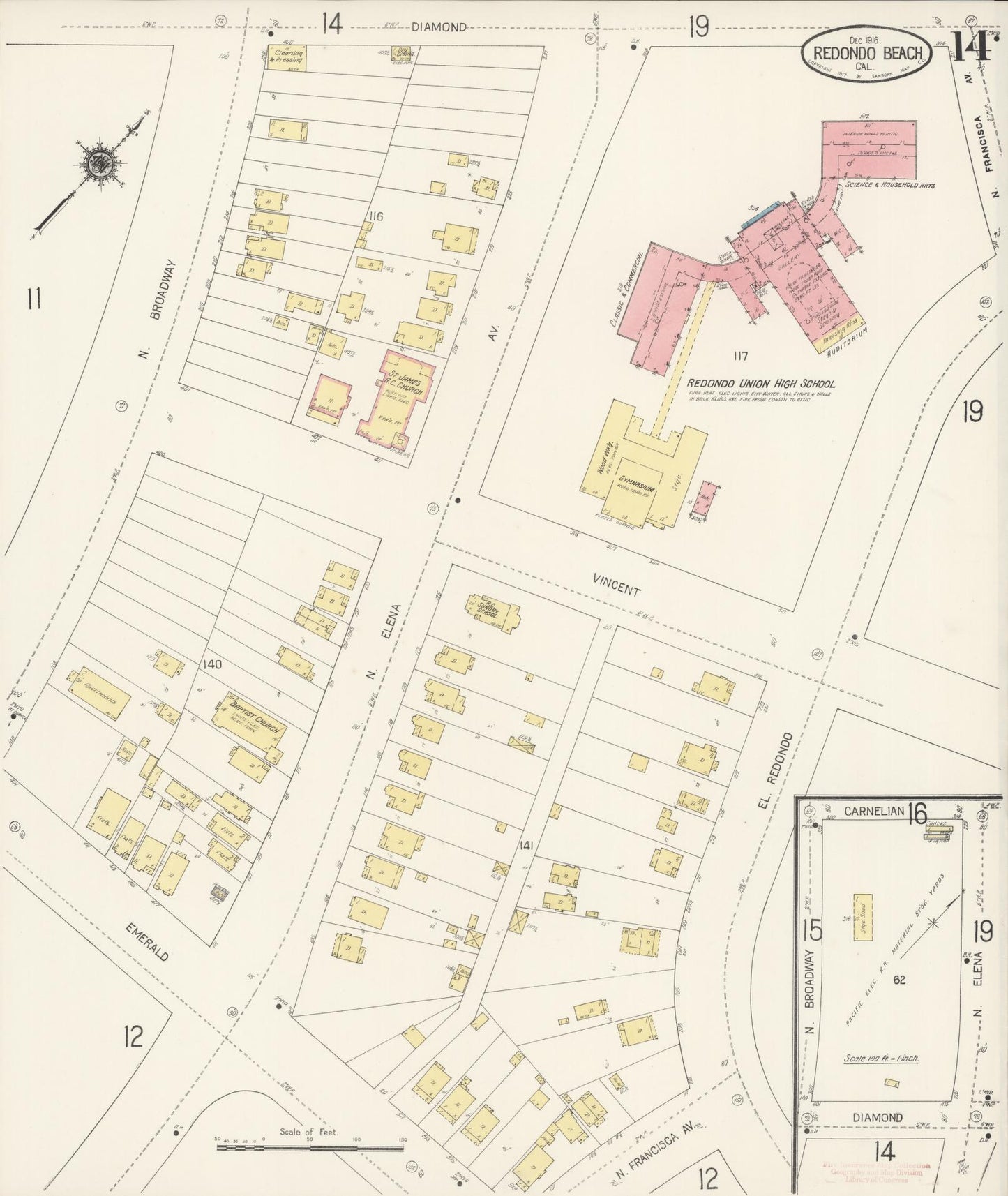 Sanborn Fire Insurance Map from Redondo Beach, Los Angeles County, California (1916), Sheet #0014 - Complete Map Set gallery image, historic Sanborn map, vintage wall art, California California