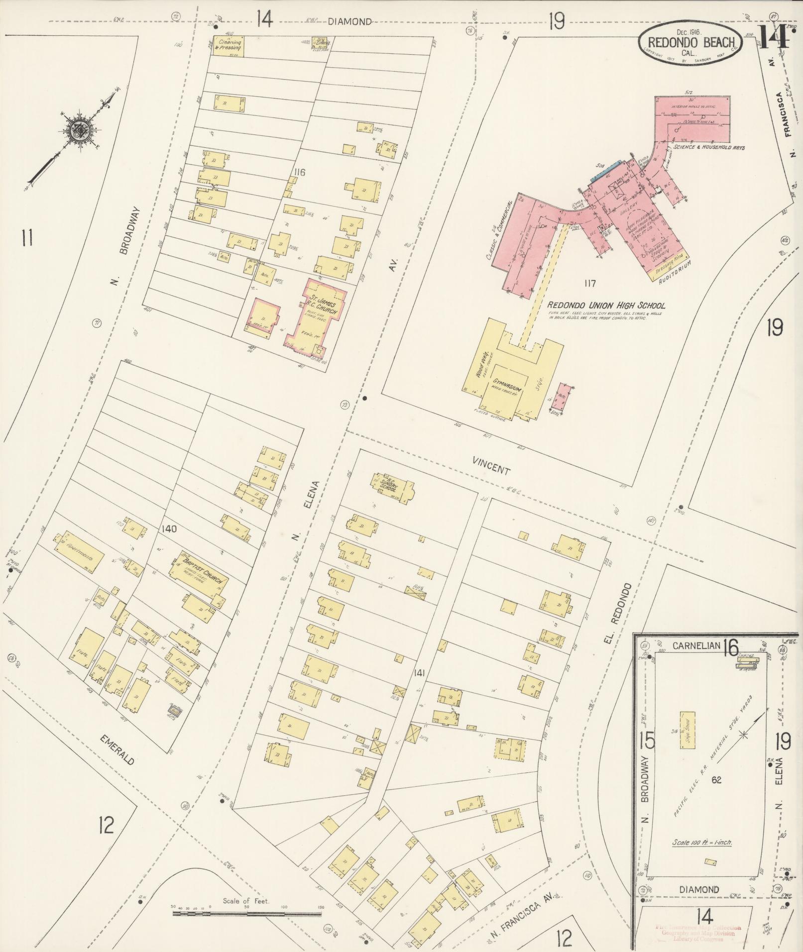 Sanborn Fire Insurance Map from Redondo Beach, Los Angeles County, California (1916), Sheet #0014 - Complete Map Set gallery image, historic Sanborn map, vintage wall art, California California