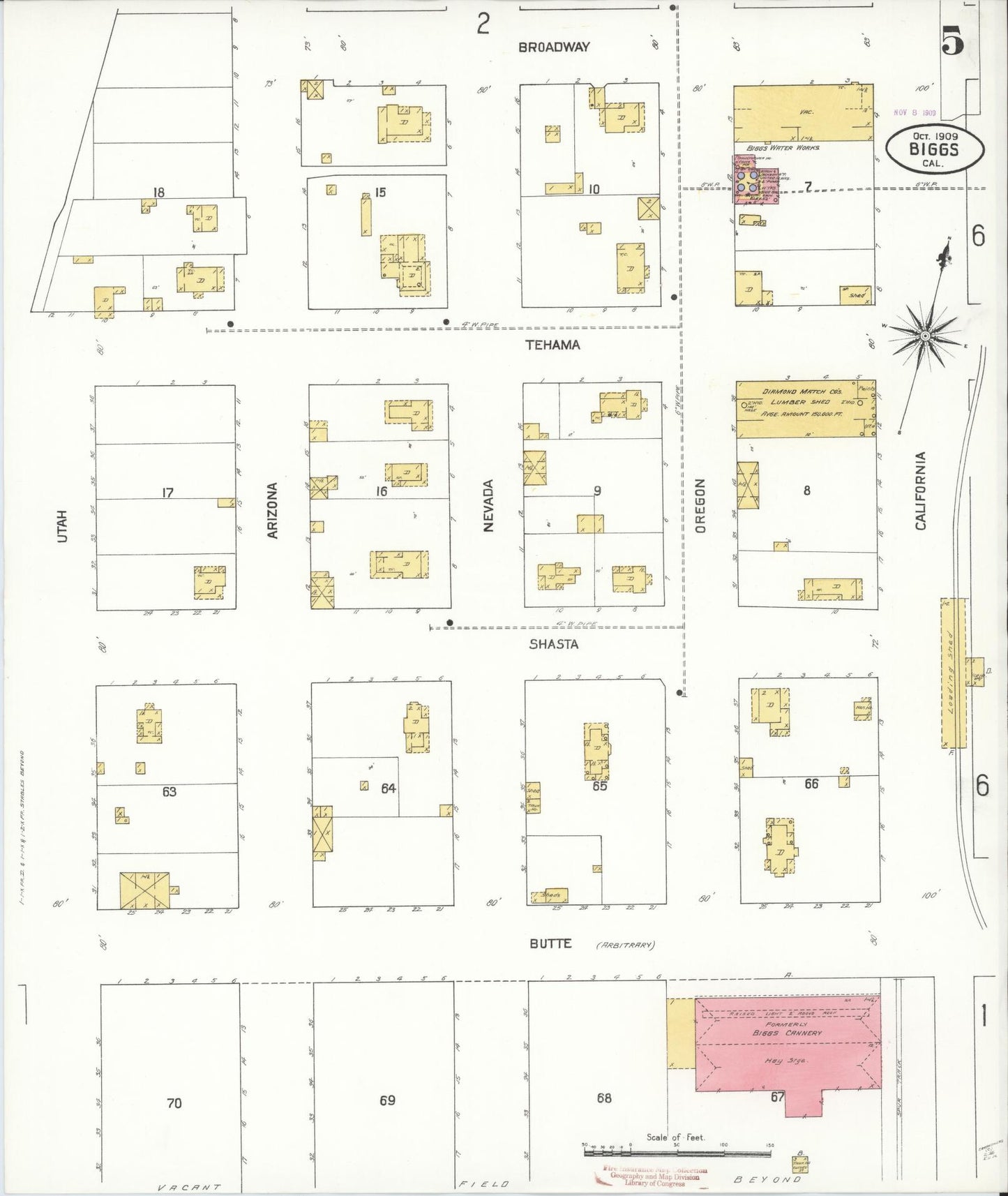 Sanborn Fire Insurance Map from Biggs, Butte County, California (1909), Sheet #0005 - Historic Sanborn Fire Insurance Map Print, vintage old map wall art, antique decor, genealogy gift, California California map