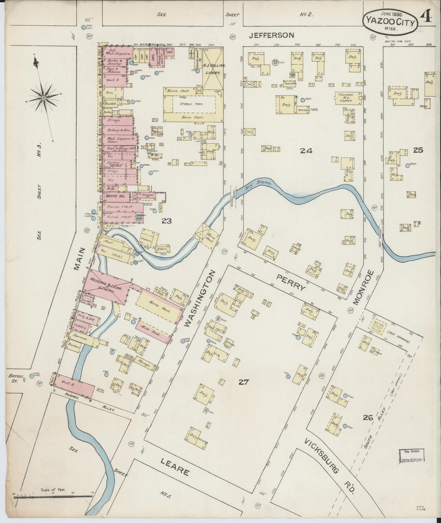 Sanborn Fire Insurance Map from Yazoo City, Yazoo County, Mississippi (1886), Sheet #0004 - Complete Map Set gallery image, historic Sanborn map, vintage wall art, Mississippi Mississippi