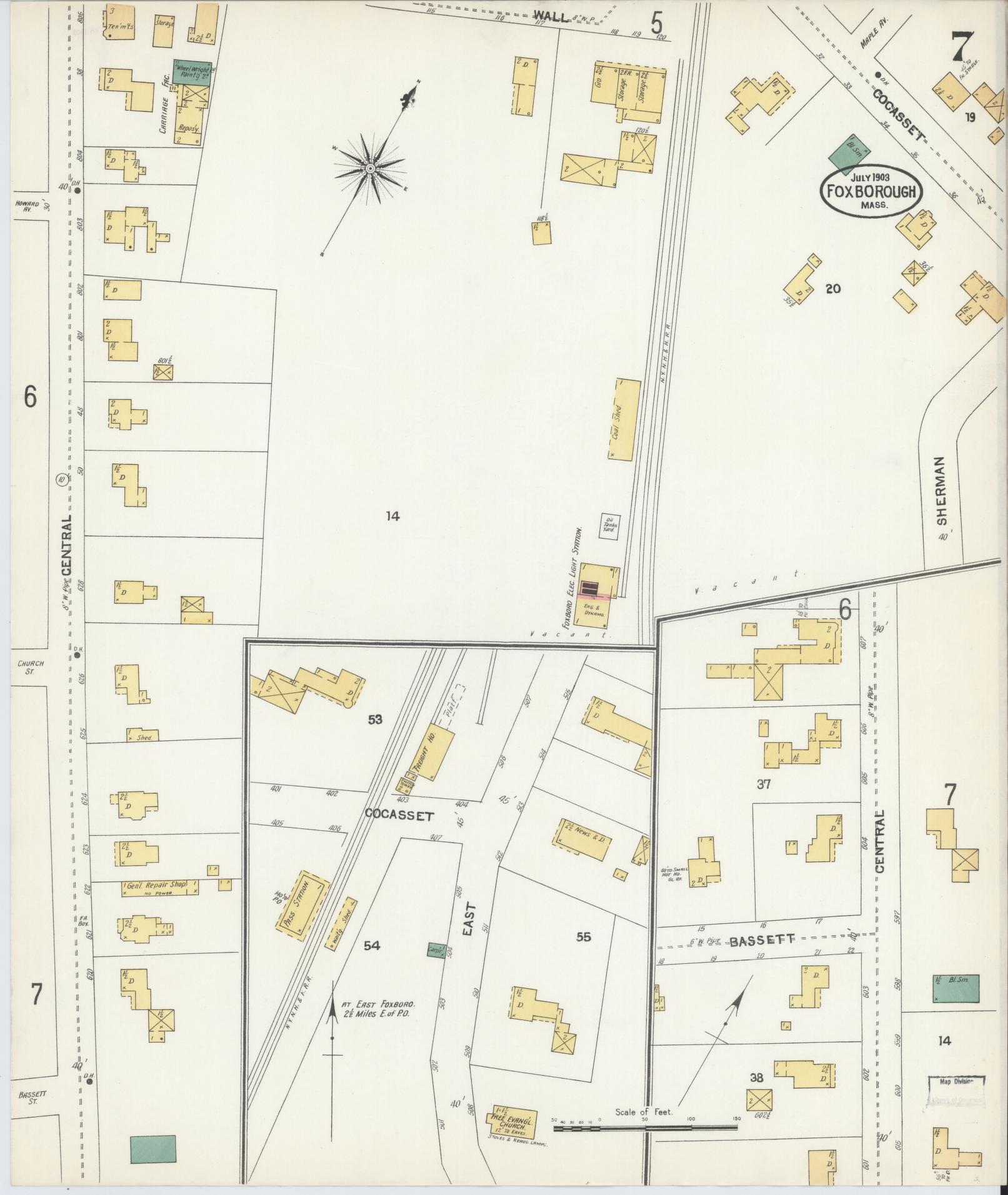 Sanborn Fire Insurance Map from Foxboro, Norfolk County, Massachusetts (1903), Sheet #0007 - Complete Map Set gallery image, historic Sanborn map, vintage wall art, Massachusetts Massachusetts