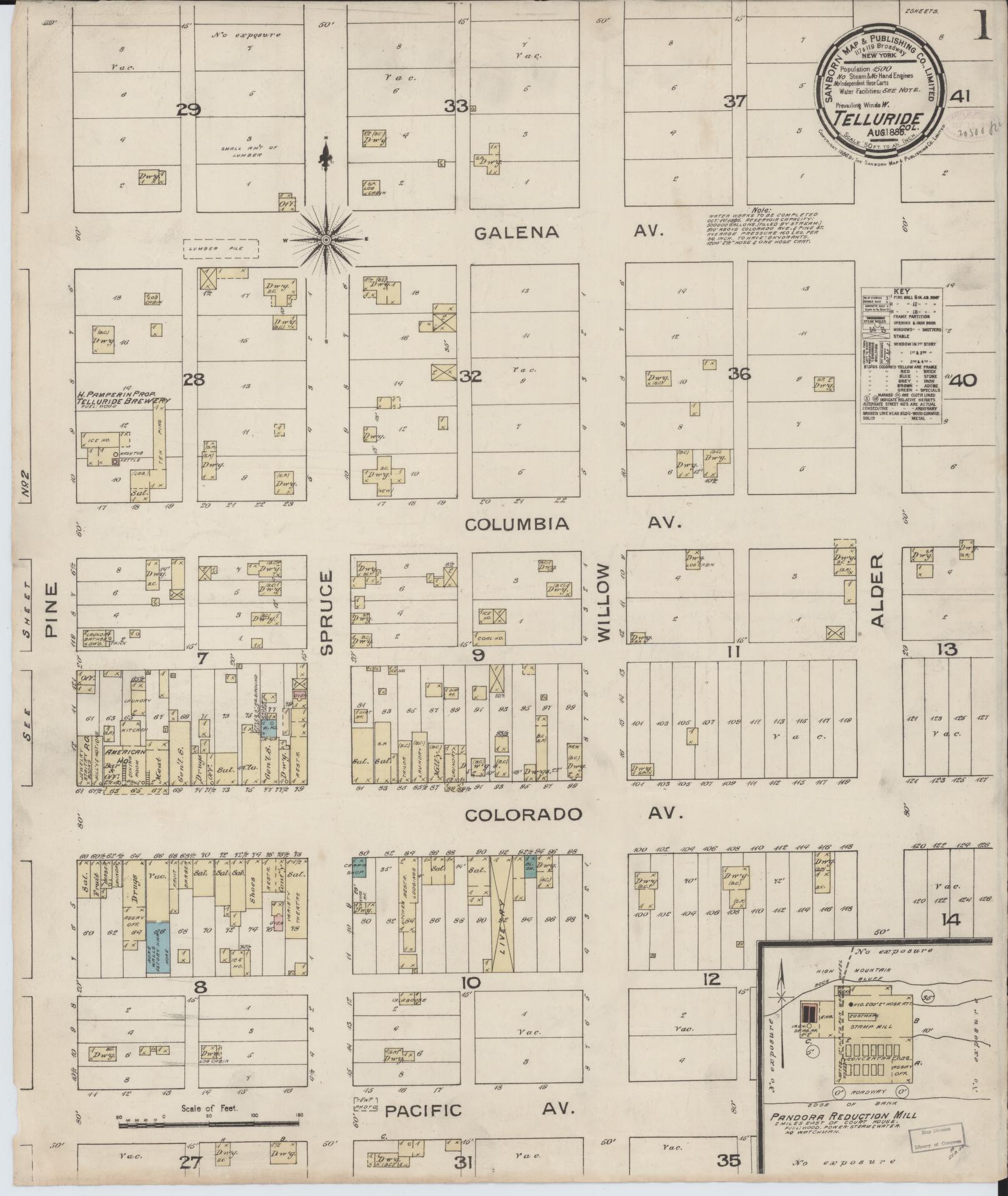 Sanborn Fire Insurance Map from Telluride, San Miguel County, Colorado (1886), Sheet #0001 - Complete Map Set gallery image, historic Sanborn map, vintage wall art, Colorado Colorado