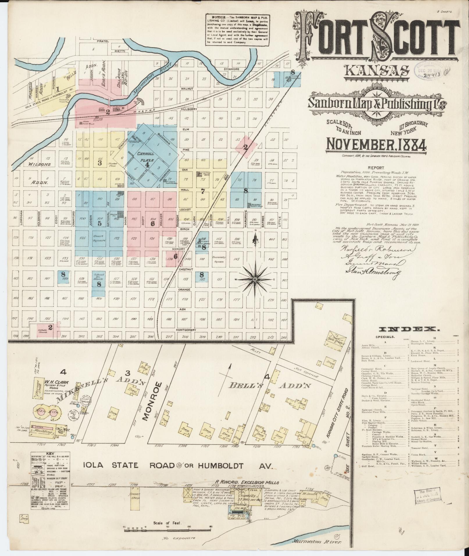 Sanborn Fire Insurance Map from Fort Scott, Bourbon County, Kansas (1884), Sheet #0001 - Historic Sanborn Fire Insurance Map Print, vintage old map wall art, antique decor, genealogy gift, Kansas Kansas map