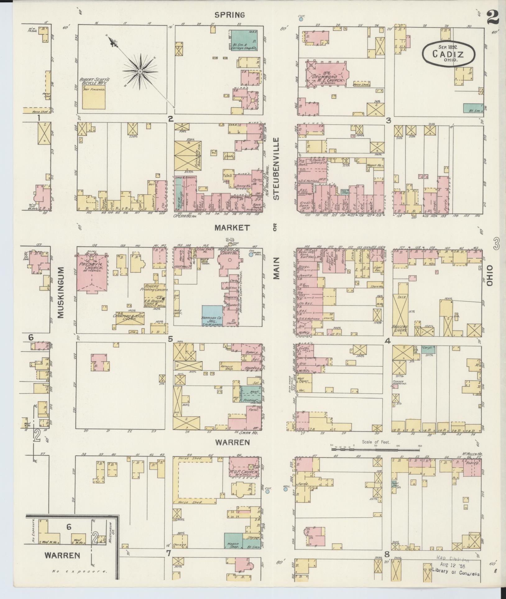 Sanborn Fire Insurance Map from Cadiz, Harrison County, Ohio (1892), Sheet #0002 - Historic Sanborn Fire Insurance Map Print, vintage old map wall art, antique decor, genealogy gift, Ohio Ohio map