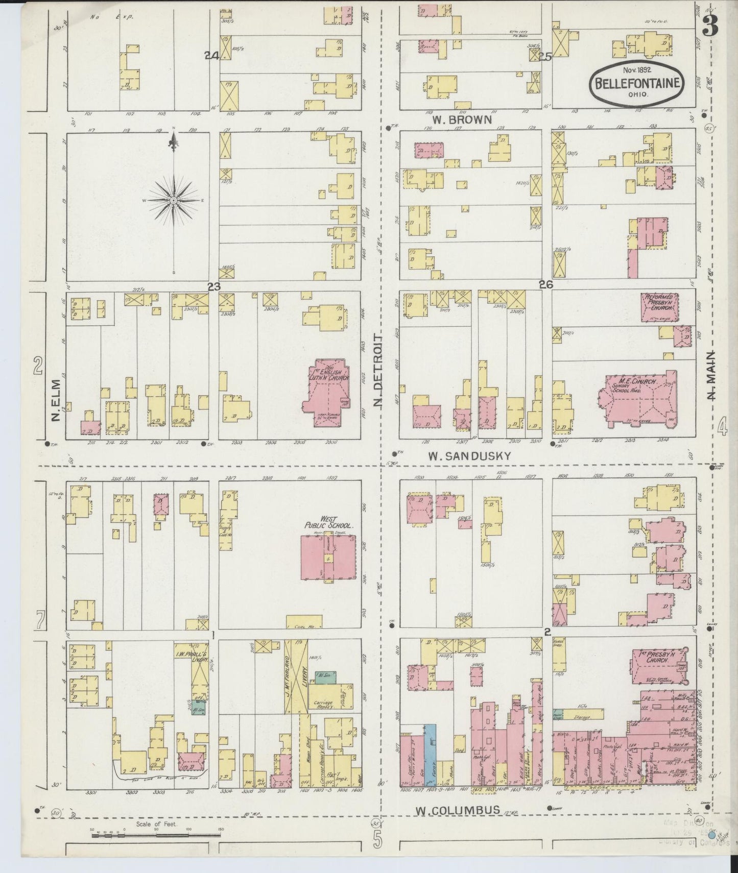 Sanborn Fire Insurance Map from Bellefontaine, Logan County, Ohio (1892), Sheet #0003 - Historic Sanborn Fire Insurance Map Print, vintage old map wall art, antique decor, genealogy gift, Ohio Ohio map