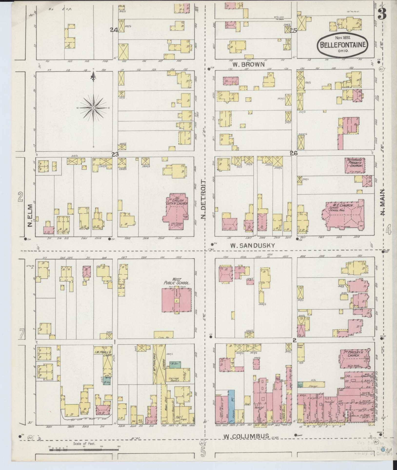 Sanborn Fire Insurance Map from Bellefontaine, Logan County, Ohio (1892), Sheet #0003 - Historic Sanborn Fire Insurance Map Print, vintage old map wall art, antique decor, genealogy gift, Ohio Ohio map