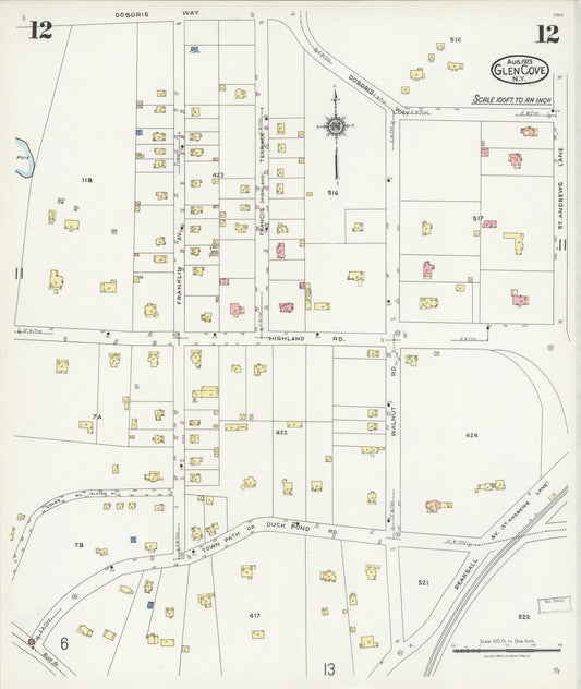 Sanborn Fire Insurance Map from Glen Cove, Nassau County, New York (1925), Sheet #0012 - Historic Sanborn Fire Insurance Map Print, vintage old map wall art, antique decor, genealogy gift, New York New York map