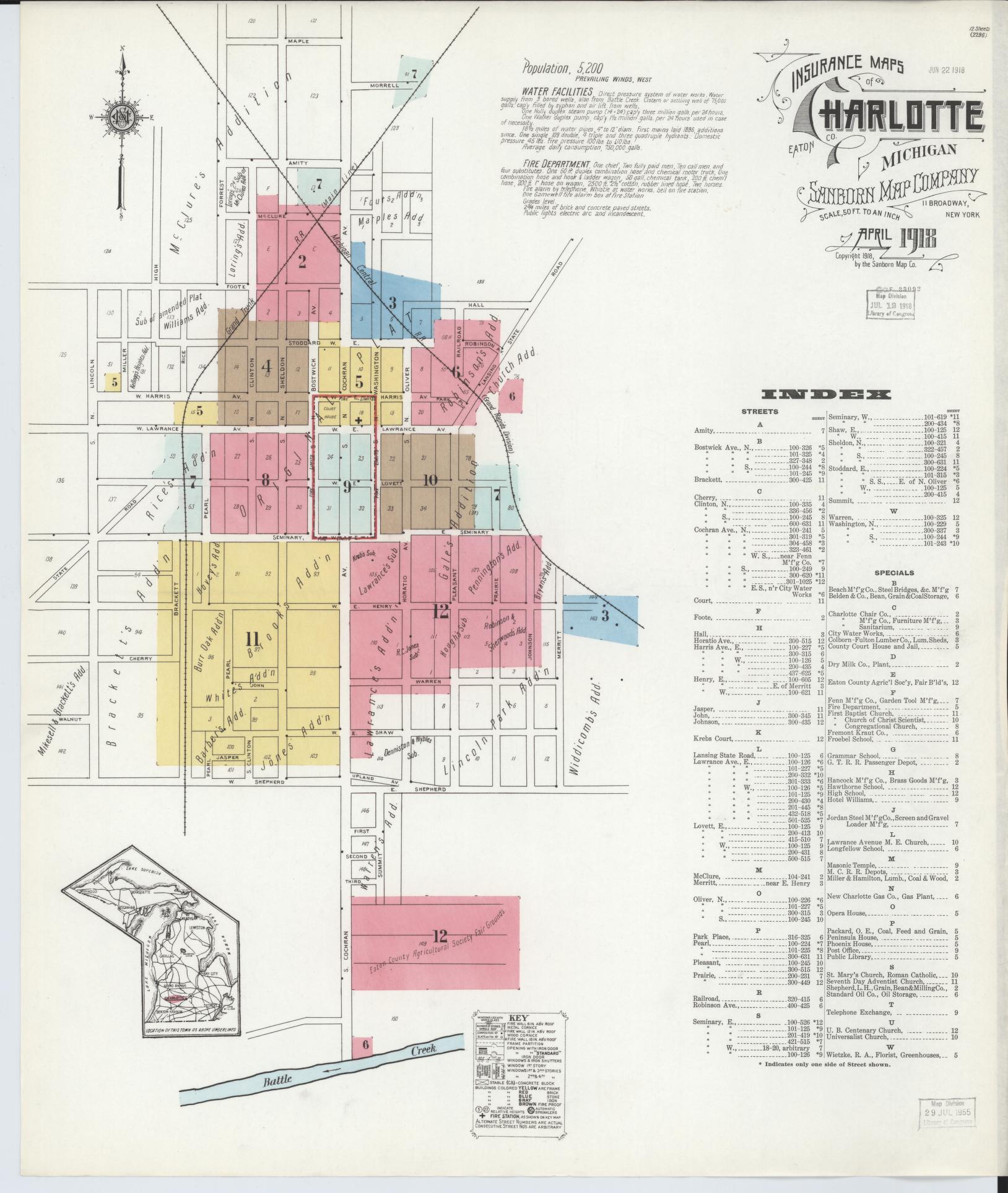 Sanborn Fire Insurance Map from Charlotte, Eaton County, Michigan (1918), Sheet #0001 - Historic Sanborn Fire Insurance Map Print, vintage old map wall art, antique decor, genealogy gift, Michigan Michigan map