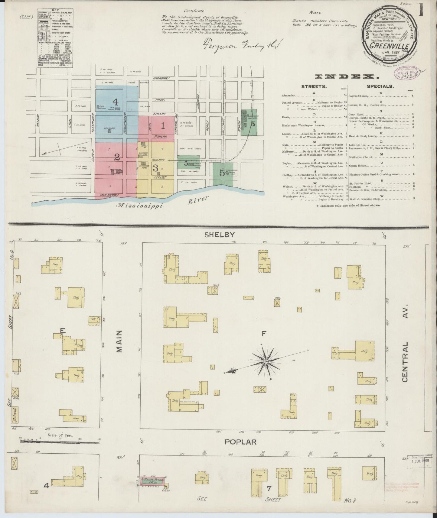Sanborn Fire Insurance Map from Greenville, Washington County, Mississippi (1887), Sheet #0001 - Historic Sanborn Fire Insurance Map Print, vintage old map wall art, antique decor, genealogy gift, Mississippi Mississippi map