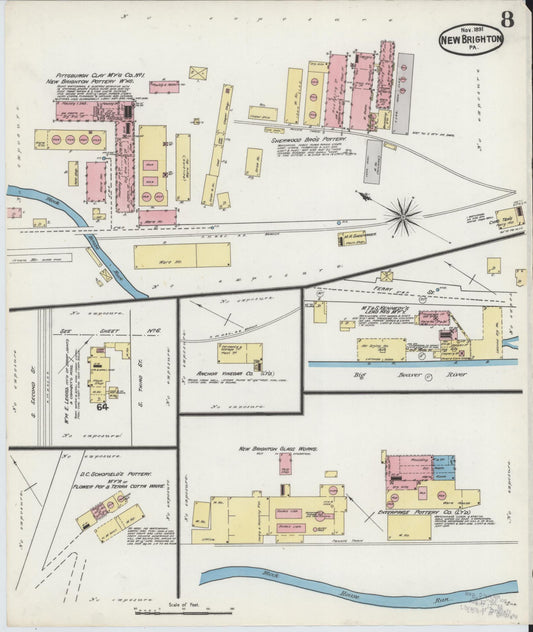 Sanborn Fire Insurance Map from New Brighton, Beaver County, Pennsylvania (1891), Sheet #0008 - Historic Sanborn Fire Insurance Map Print, vintage old map wall art, antique decor, genealogy gift, Pennsylvania Pennsylvania map