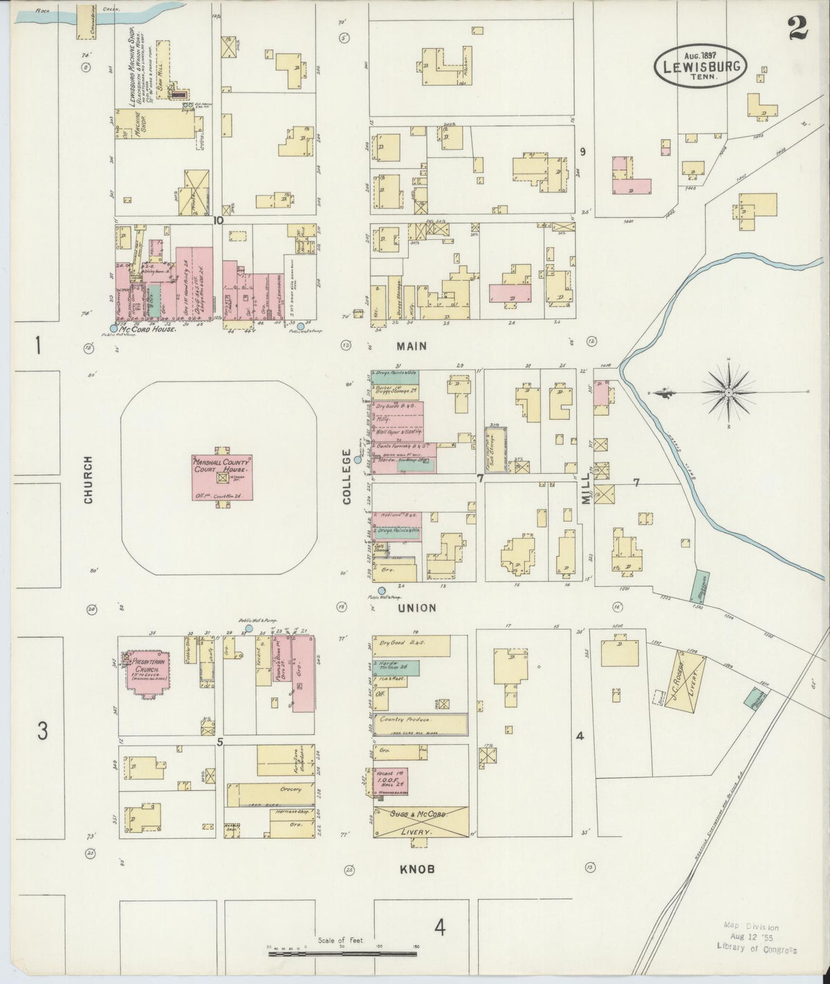 Sanborn Fire Insurance Map from Lewisburg, Marshall County, Tennessee (1897), Sheet #0002 - Complete Map Set gallery image, historic Sanborn map, vintage wall art, Tennessee Tennessee
