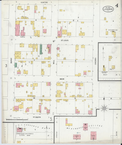Sanborn Fire Insurance Map from Lebanon, Saint Clair County, Illinois (1899), Sheet #0004 - Complete Map Set gallery image, historic Sanborn map, vintage wall art, Illinois Illinois