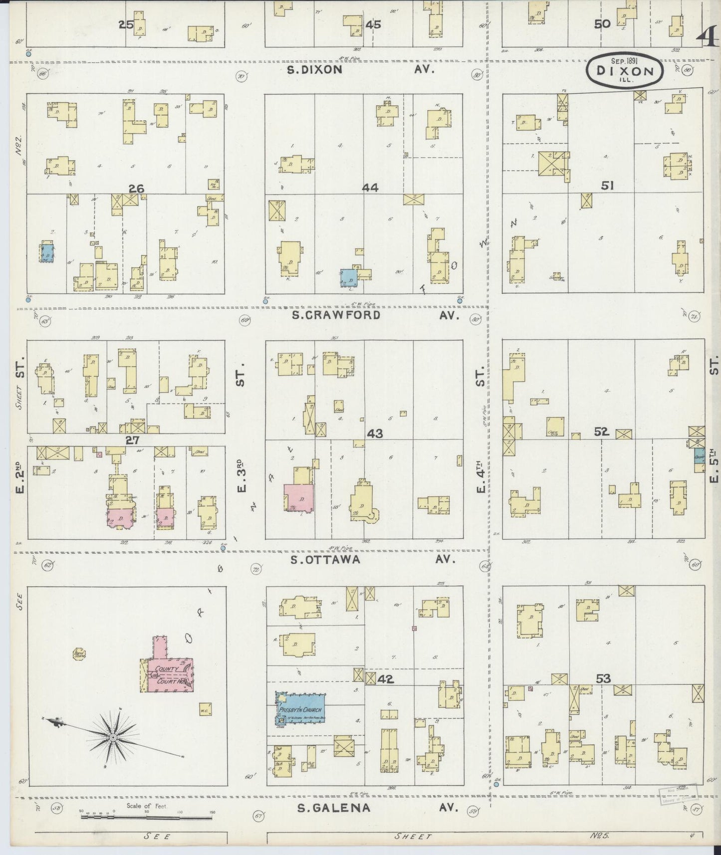 Sanborn Fire Insurance Map from Dixon, Lee County, Illinois (1891), Sheet #0004 - Historic Sanborn Fire Insurance Map Print, vintage old map wall art, antique decor, genealogy gift, Illinois Illinois map