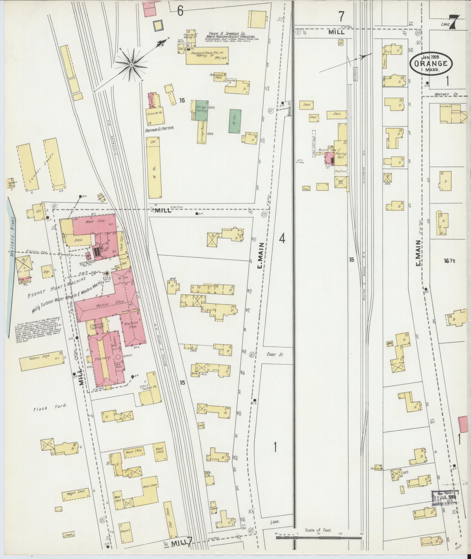 Sanborn Fire Insurance Map from Orange, Franklin County, Massachusetts (1905), Sheet #0007 - Historic Sanborn Fire Insurance Map Print, vintage old map wall art, antique decor, genealogy gift, Massachusetts Massachusetts map