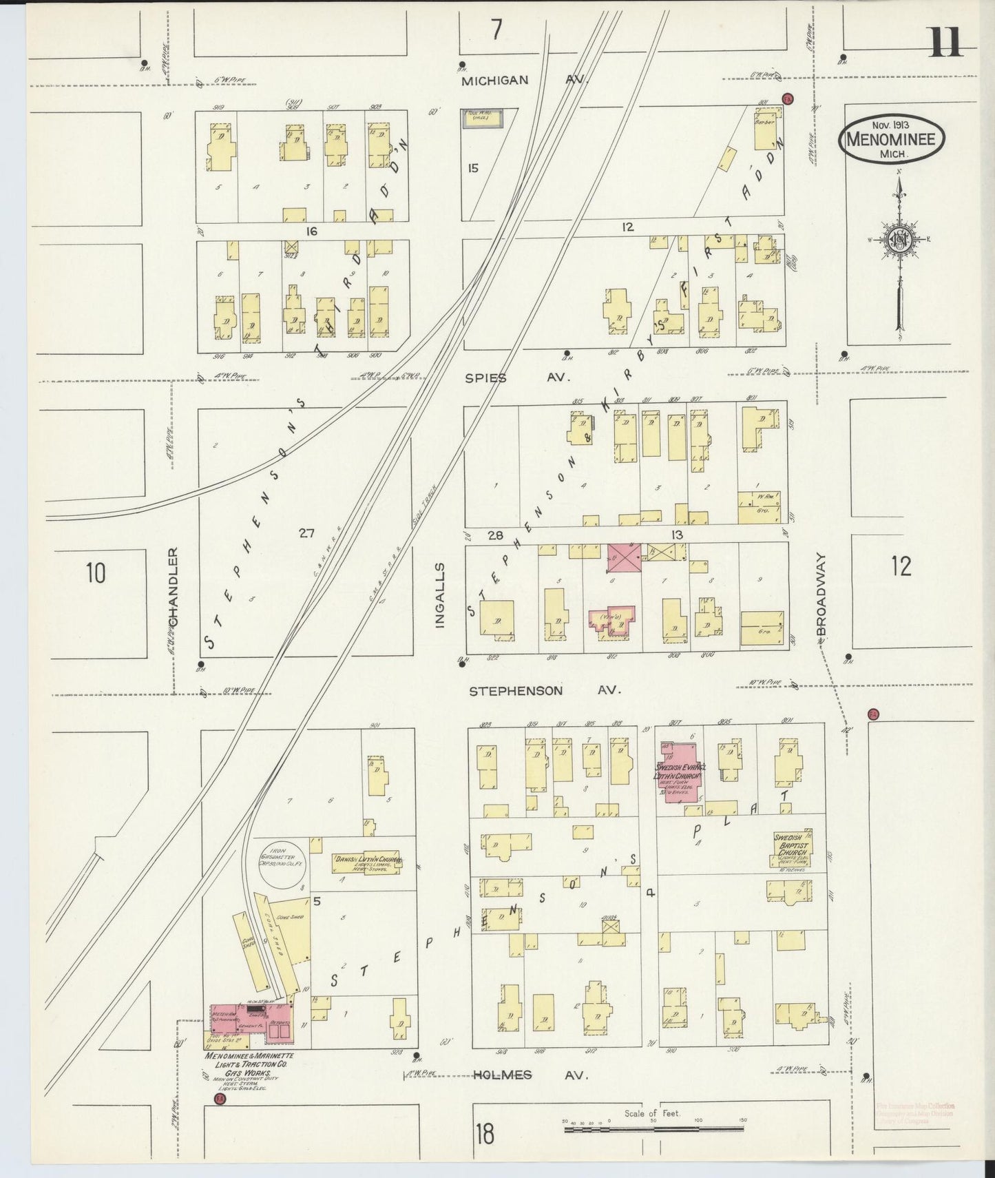 Sanborn Fire Insurance Map from Menominee, Menominee County, Michigan (1913), Sheet #0011 - Historic Sanborn Fire Insurance Map Print, vintage old map wall art, antique decor, genealogy gift, Michigan Michigan map