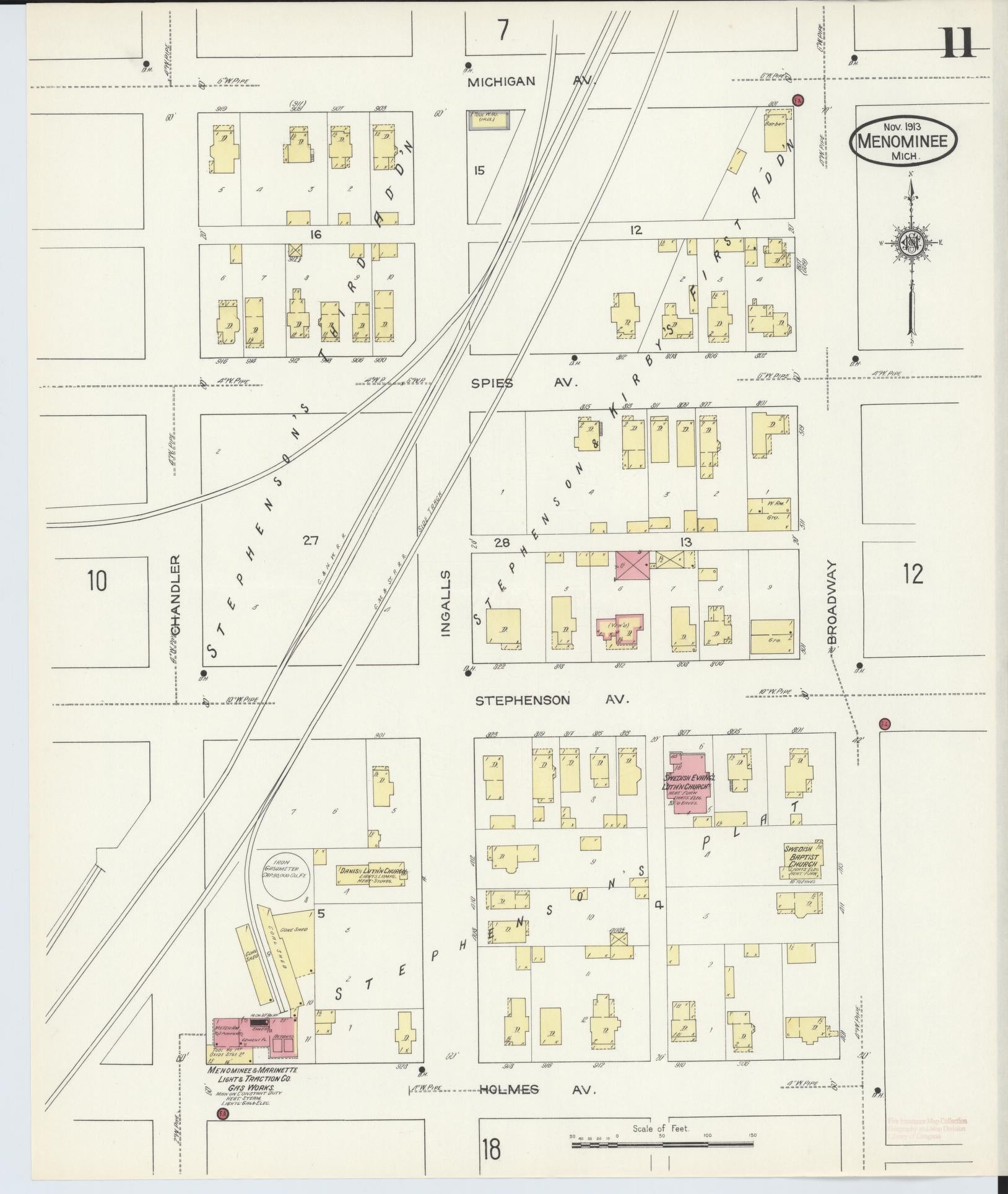 Sanborn Fire Insurance Map from Menominee, Menominee County, Michigan (1913), Sheet #0011 - Historic Sanborn Fire Insurance Map Print, vintage old map wall art, antique decor, genealogy gift, Michigan Michigan map