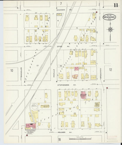 Sanborn Fire Insurance Map from Menominee, Menominee County, Michigan (1913), Sheet #0011 - Historic Sanborn Fire Insurance Map Print, vintage old map wall art, antique decor, genealogy gift, Michigan Michigan map