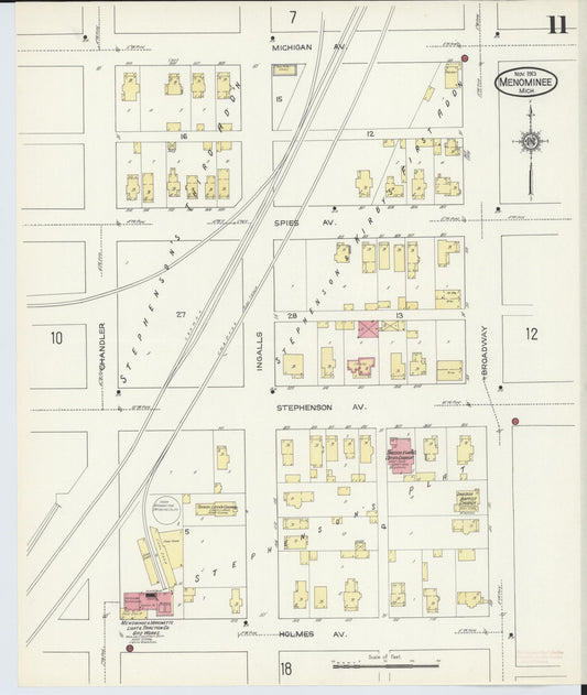 Sanborn Fire Insurance Map from Menominee, Menominee County, Michigan (1913), Sheet #0011 - Historic Sanborn Fire Insurance Map Print, vintage old map wall art, antique decor, genealogy gift, Michigan Michigan map