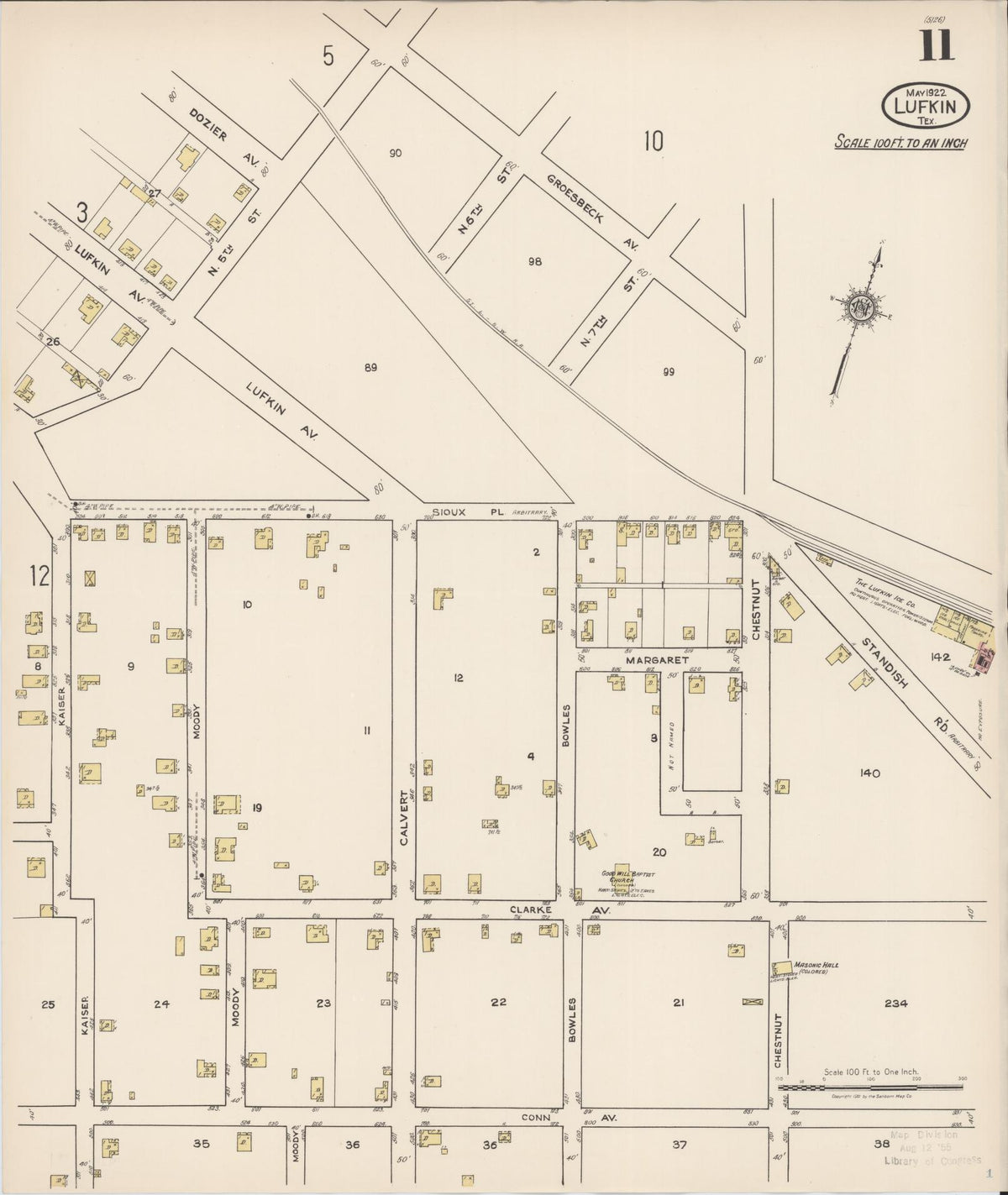 Sanborn Fire Insurance Map from Lufkin, Angelina County, Texas (1922), Sheet #0011 - Complete Map Set gallery image, historic Sanborn map, vintage wall art, Texas Texas