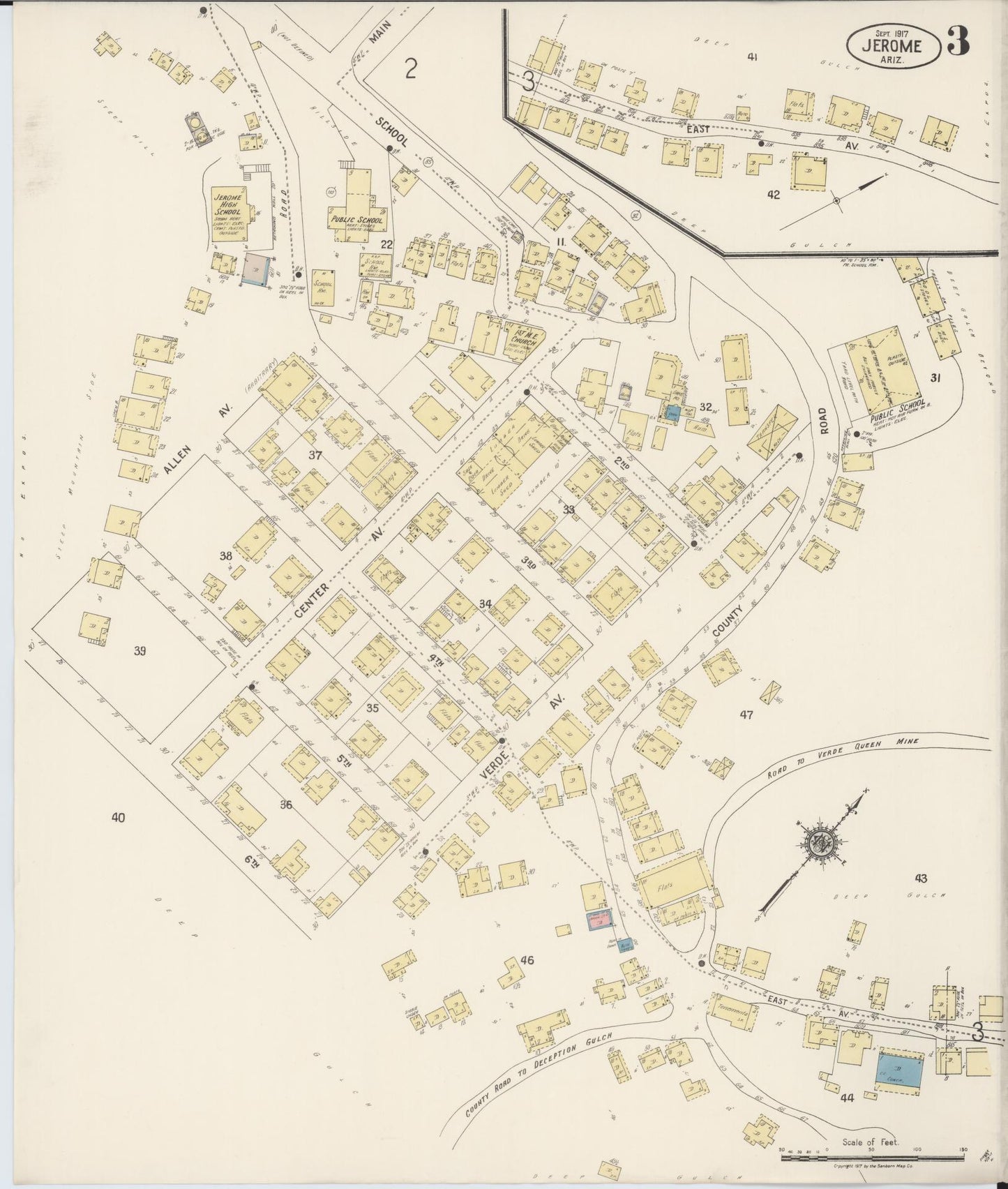 Sanborn Fire Insurance Map from Jerome, Yavapai County, Arizona (1917), Sheet #0003 - Historic Sanborn Fire Insurance Map Print, vintage old map wall art, antique decor, genealogy gift, Arizona Arizona map