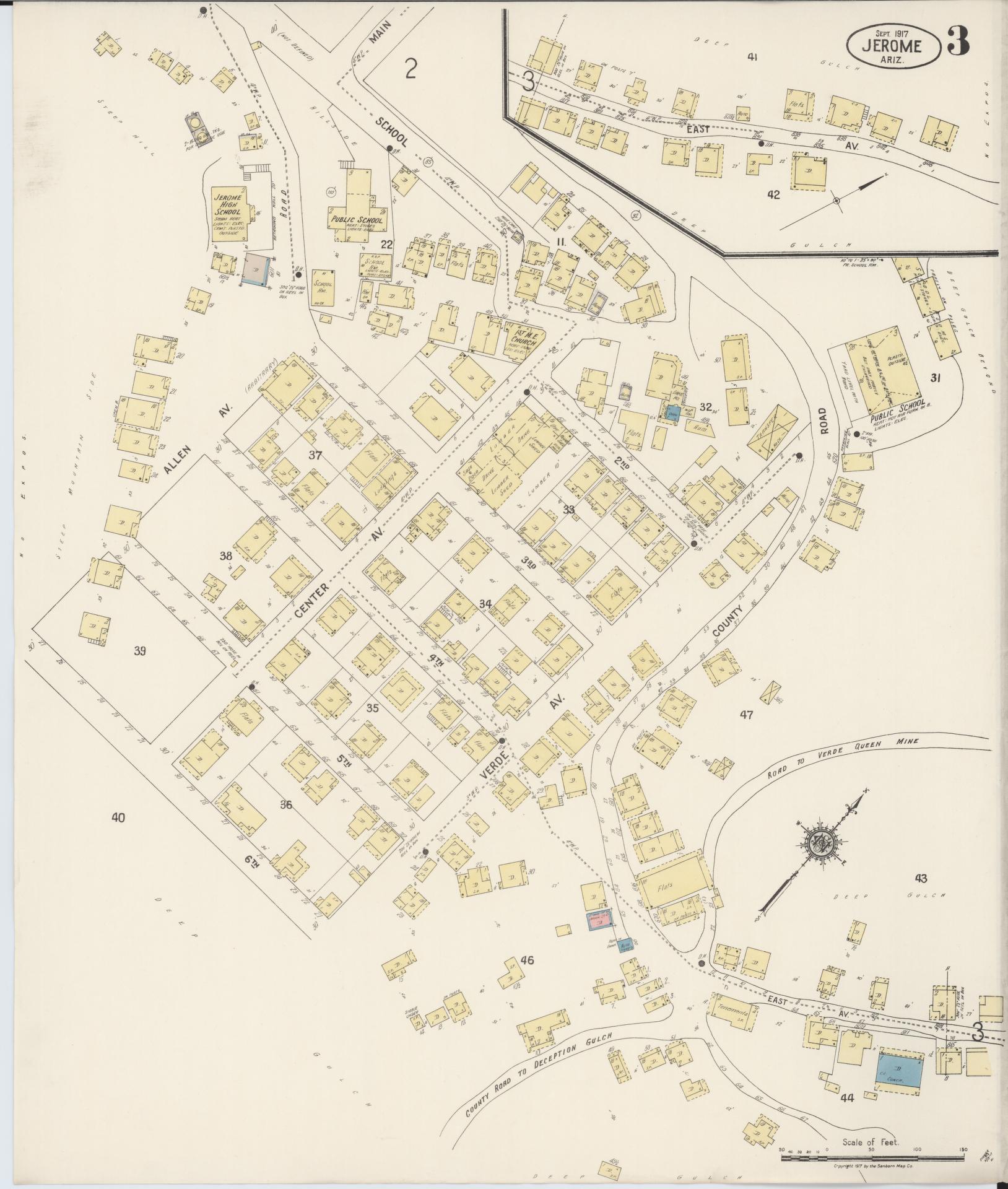 Sanborn Fire Insurance Map from Jerome, Yavapai County, Arizona (1917), Sheet #0003 - Historic Sanborn Fire Insurance Map Print, vintage old map wall art, antique decor, genealogy gift, Arizona Arizona map