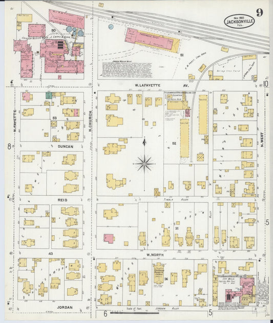 Sanborn Fire Insurance Map from Jacksonville, Morgan County, Illinois (1905), Sheet #0009 - Historic Sanborn Fire Insurance Map Print, vintage old map wall art, antique decor, genealogy gift, Illinois Illinois map
