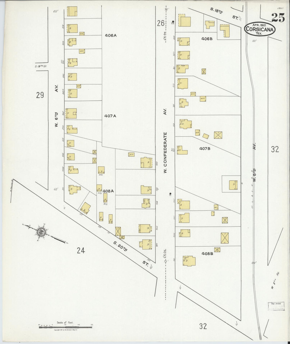 Sanborn Fire Insurance Map from Corsicana, Navarro County, Texas (1921), Sheet #0025 - Complete Map Set gallery image, historic Sanborn map, vintage wall art, Texas Texas
