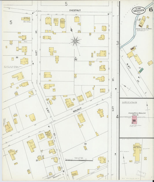 Sanborn Fire Insurance Map from Gadsden, Etowah County, Alabama (1899), Sheet #0006 - Historic Sanborn Fire Insurance Map Print, vintage old map wall art, antique decor, genealogy gift, Alabama Alabama map