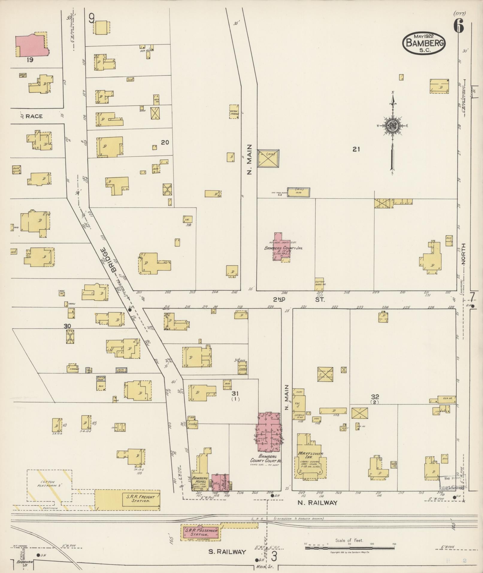Sanborn Fire Insurance Map from Bamberg, Bamberg County, South Carolina (1922), Sheet #0006 - Complete Map Set gallery image, historic Sanborn map, vintage wall art, South Carolina South Carolina